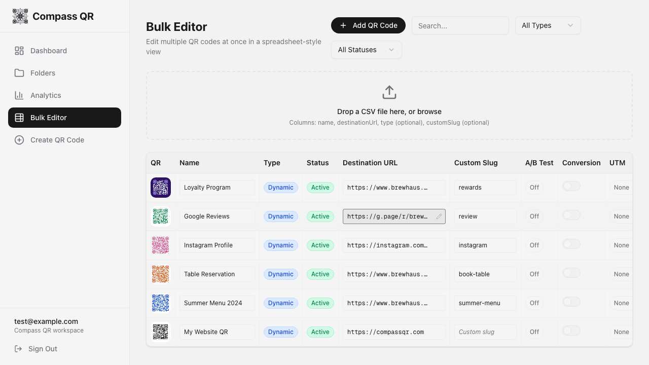 Bulk Editor showing spreadsheet-style QR code management