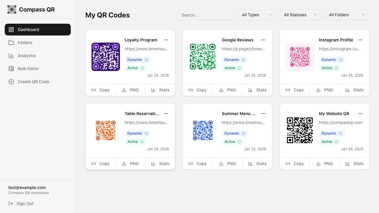 Dashboard showing a saved QR code with download options