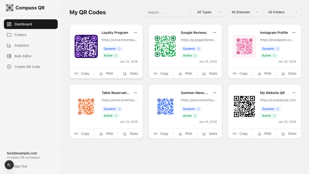 Dashboard with Create QR Code option in sidebar