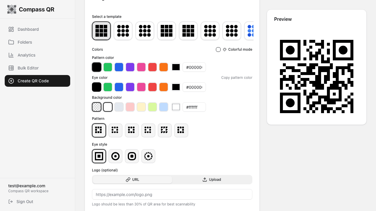 Design panel showing templates, colors, patterns and eye styles