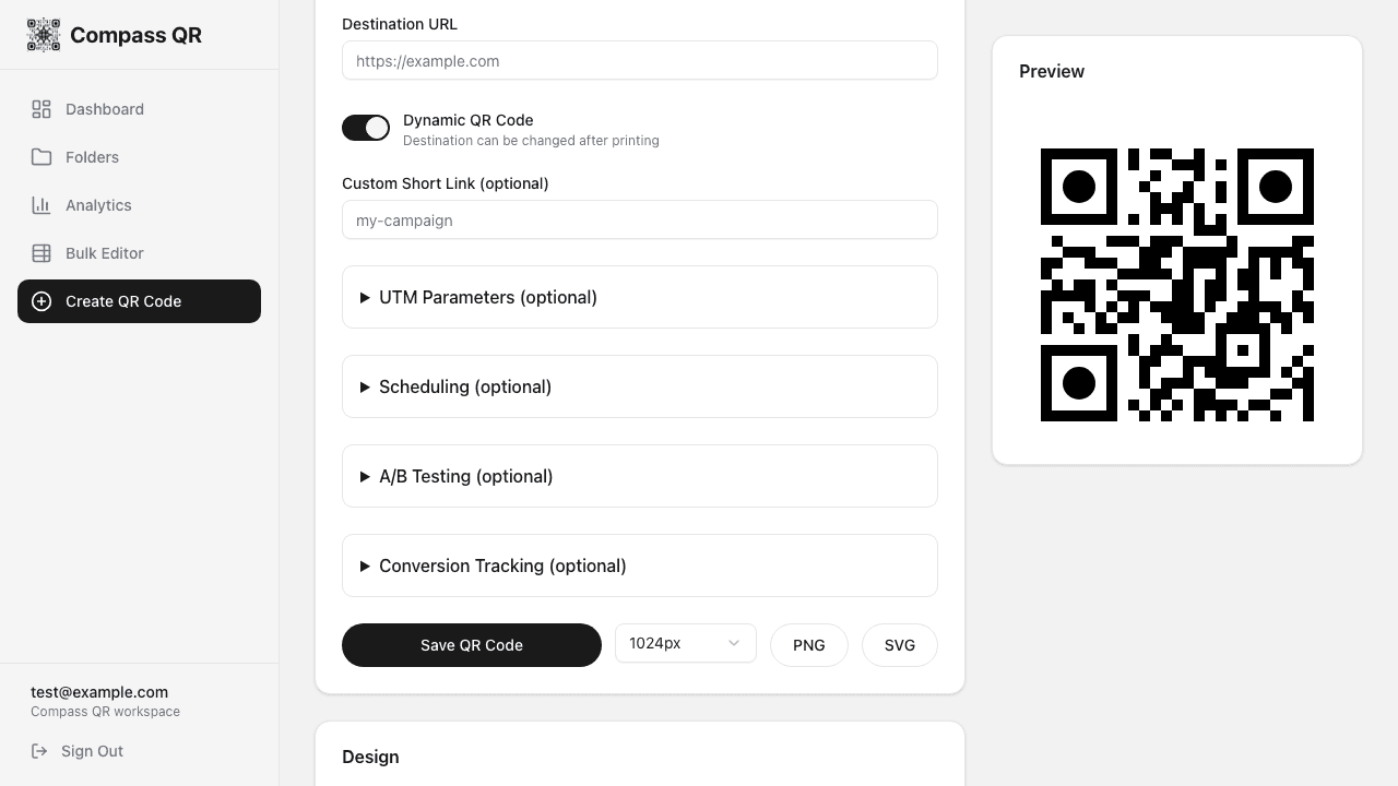 Advanced options showing UTM, Scheduling, A/B Testing, and Conversion Tracking sections